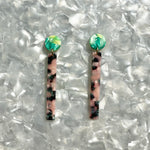 acrylic Matchstick Drop Earrings in Tickled Pink with Envy pink, green and black