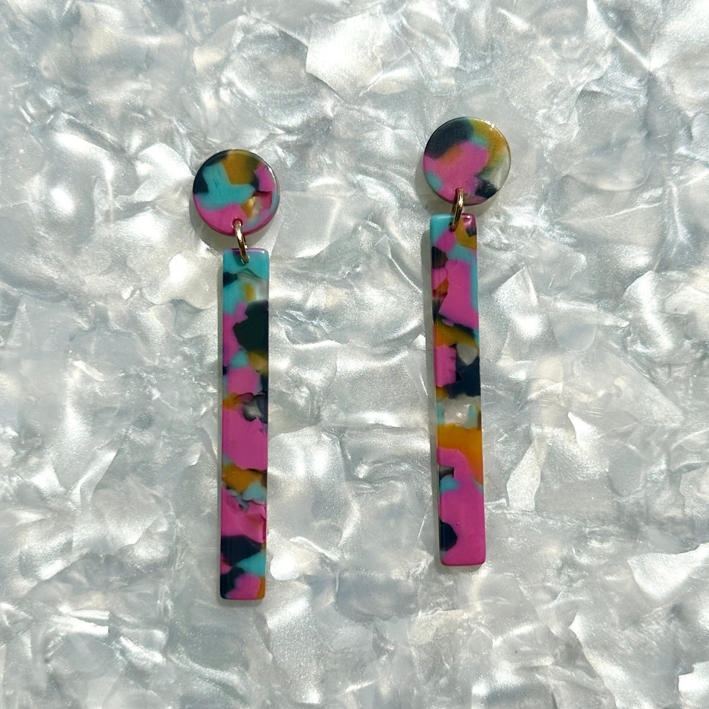 acrylic Matchstick Drop Earrings in Tropical Punch yellow, blue and pink