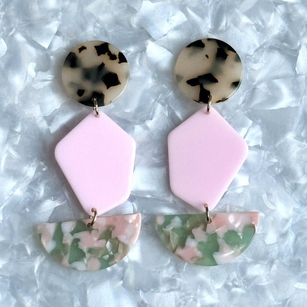 acrylic Pendulum Drop Earrings in Keepin' It Wheel, green, pink, black and white tortise 