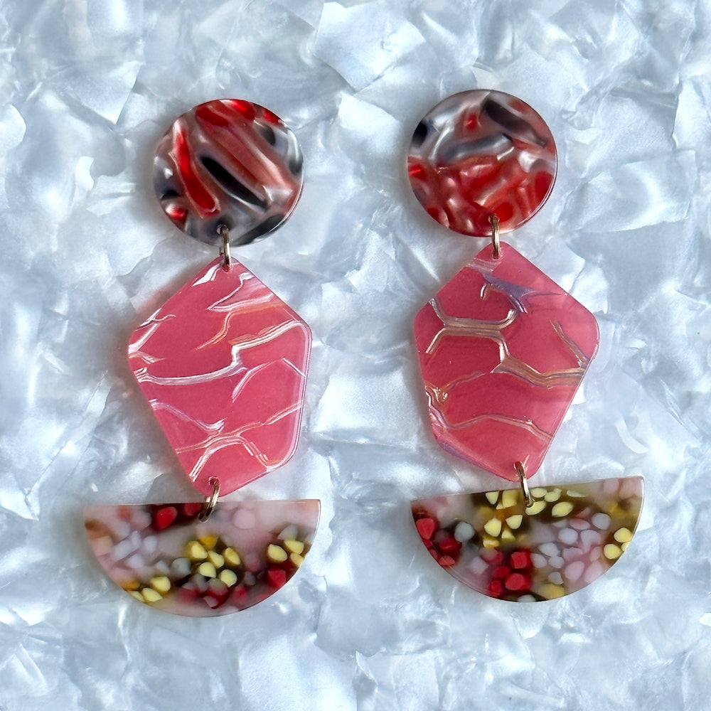 acrylic Pendulum Drop Earrings in Love Yourself To Peaces, red, yellow and blue 