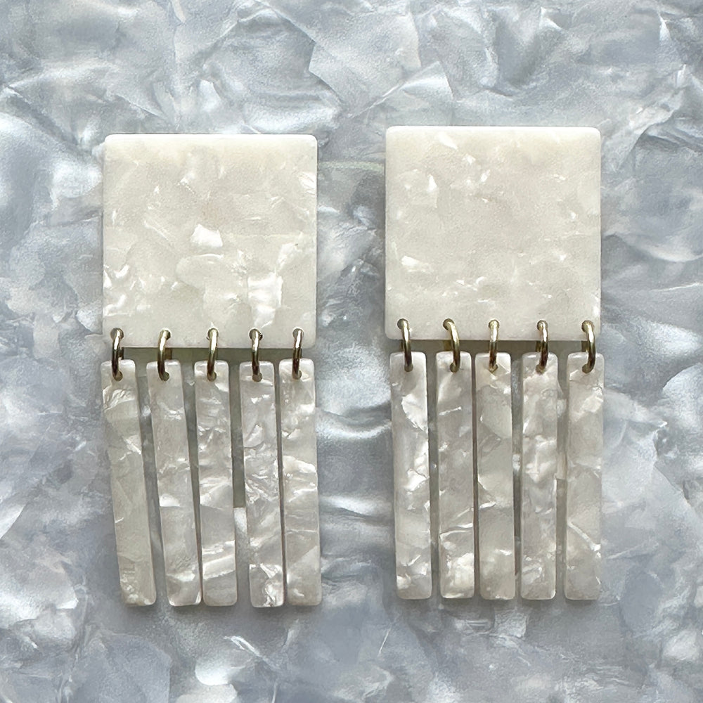 Square Fringe Earrings in White