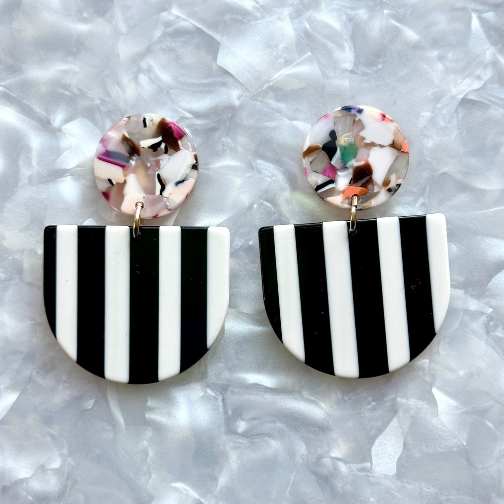 acrylic Tab Drop Earrings in black and white stripe with multicolor