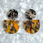 acrylic Tab Drop Earrings in orange, black and gray