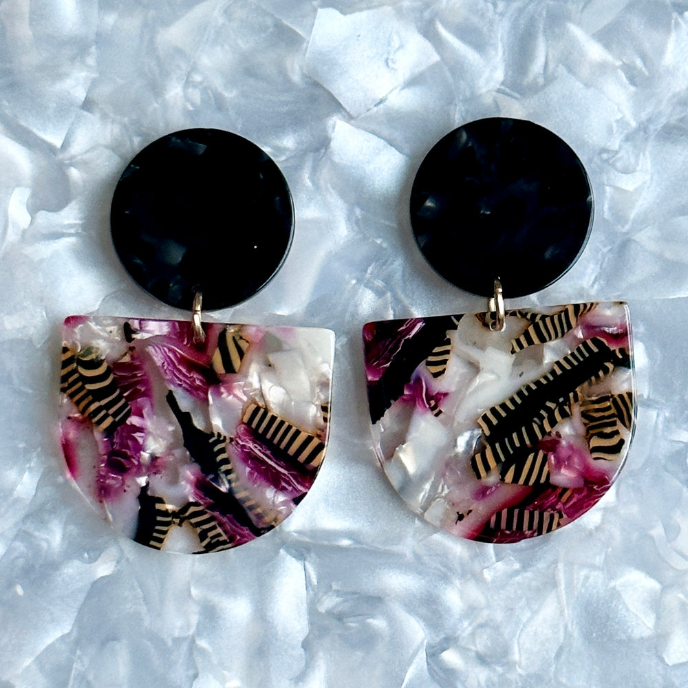 acrylic Tab Drop Earrings in pink and black