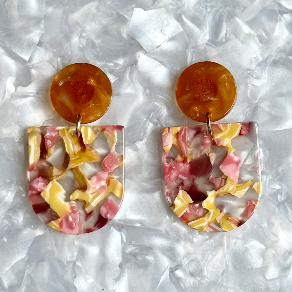 acrylic Tab Drop Earrings in pink and yellow