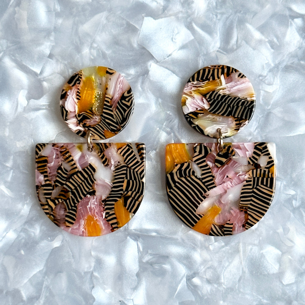 acrylic Tab Drop Earrings in pink, orange and black