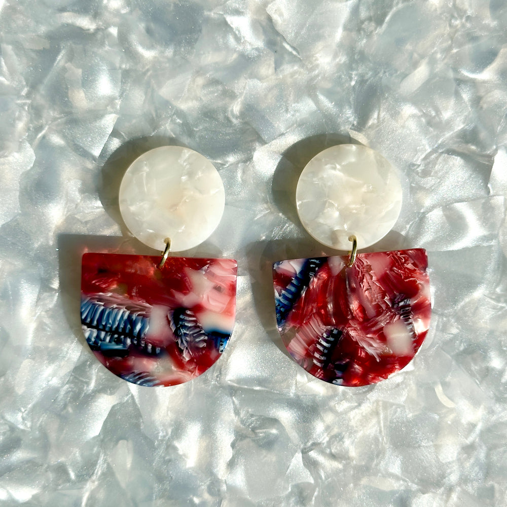 acrylic Tab Drop Earrings in red, white and blue