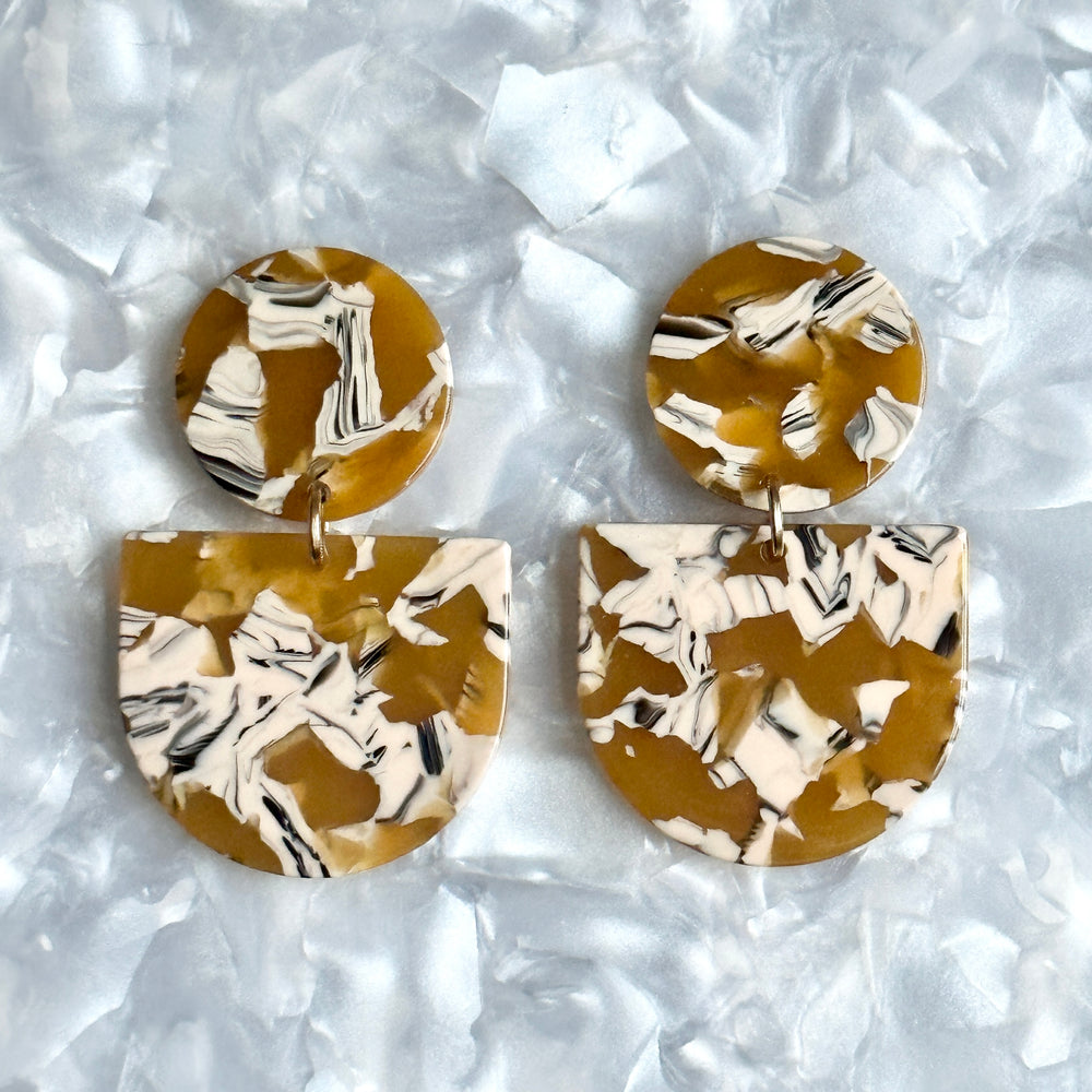 acrylic Tab Drop Earrings in yellow, cream and black