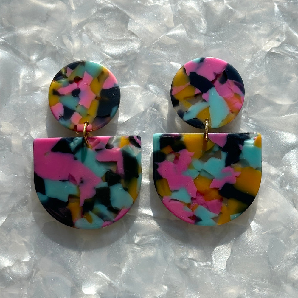 acrylic Tab Drop Earrings in yellow, pink and blue