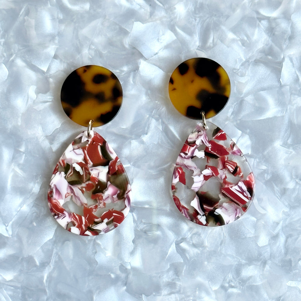 acrylic Teardrop Earrings in Left Your Texts on Red, white and tortoise 