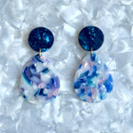 acrylic Teardrop Earrings in Making Waves, blue, pink, purple and white 