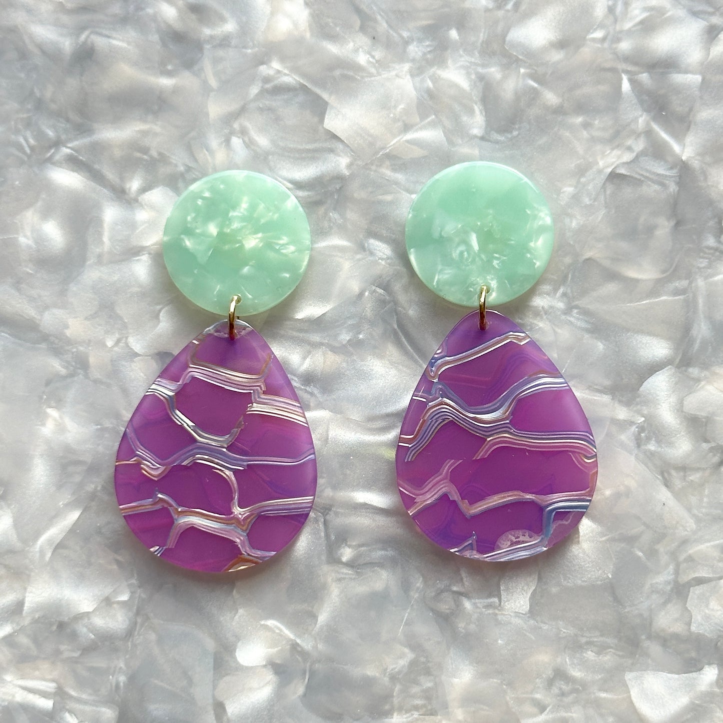 acrylic Teardrop Earrings in purple and green