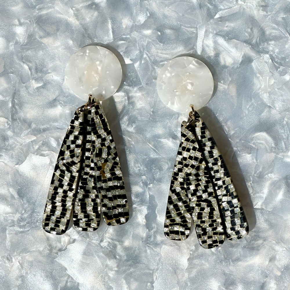 acrylic flower Petal Drop Earrings in black and white checker