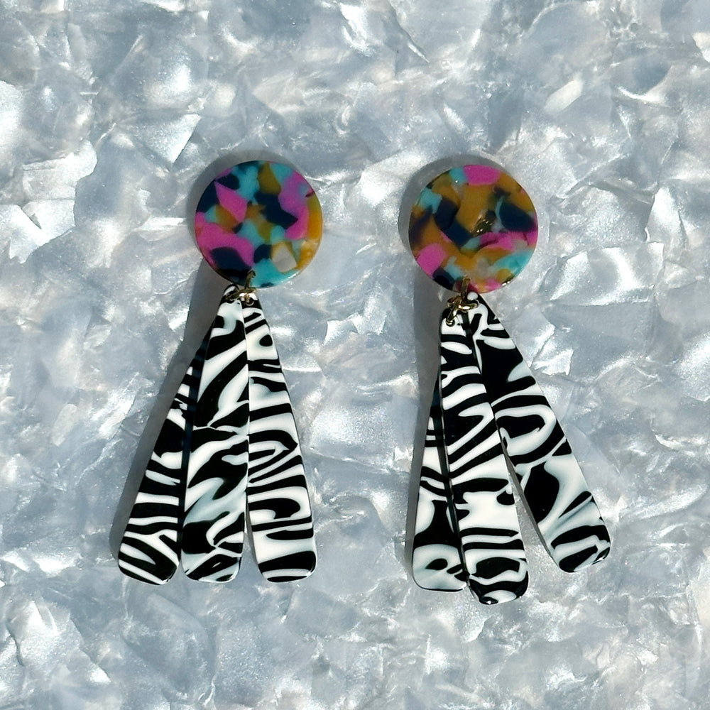 acrylic flower Petal Drop Earrings in black and white stripe with blue, yellow and pink