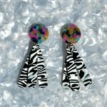 acrylic flower Petal Drop Earrings in black and white stripe with blue, yellow and pink