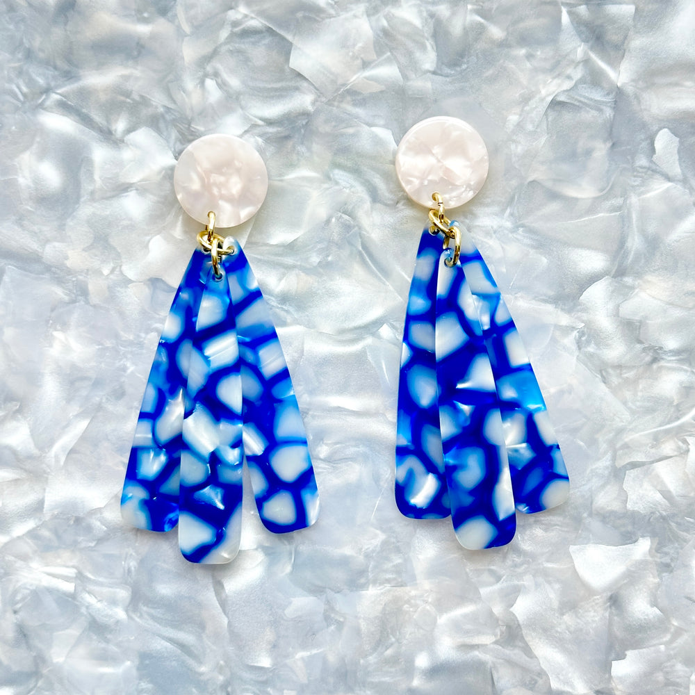 acrylic flower Petal Drop Earrings in blue and white