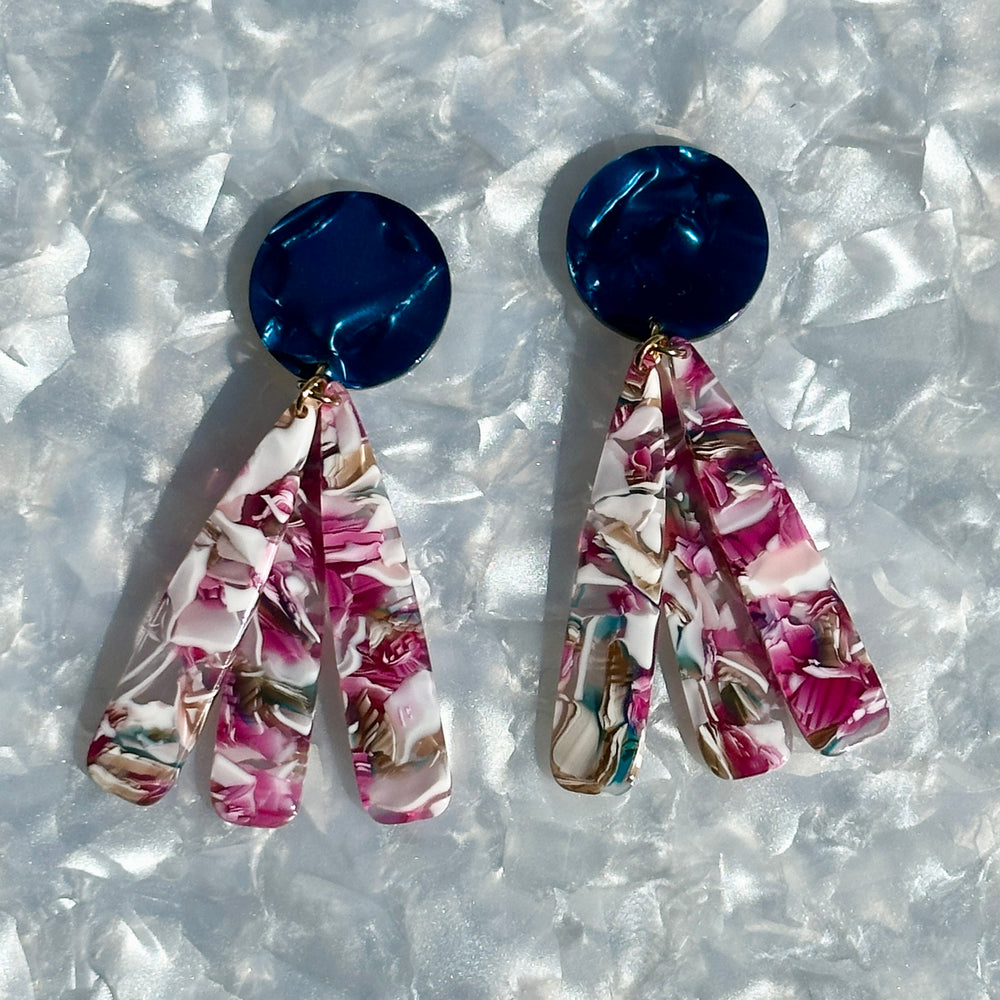 acrylic flower Petal Drop Earrings in blue, pink and white