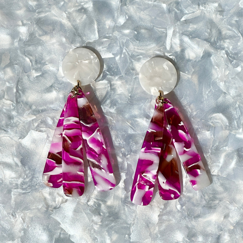 acrylic flower Petal Drop Earrings in fuchsia and white