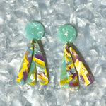 acrylic flower Petal Drop Earrings in green, yellow and purple