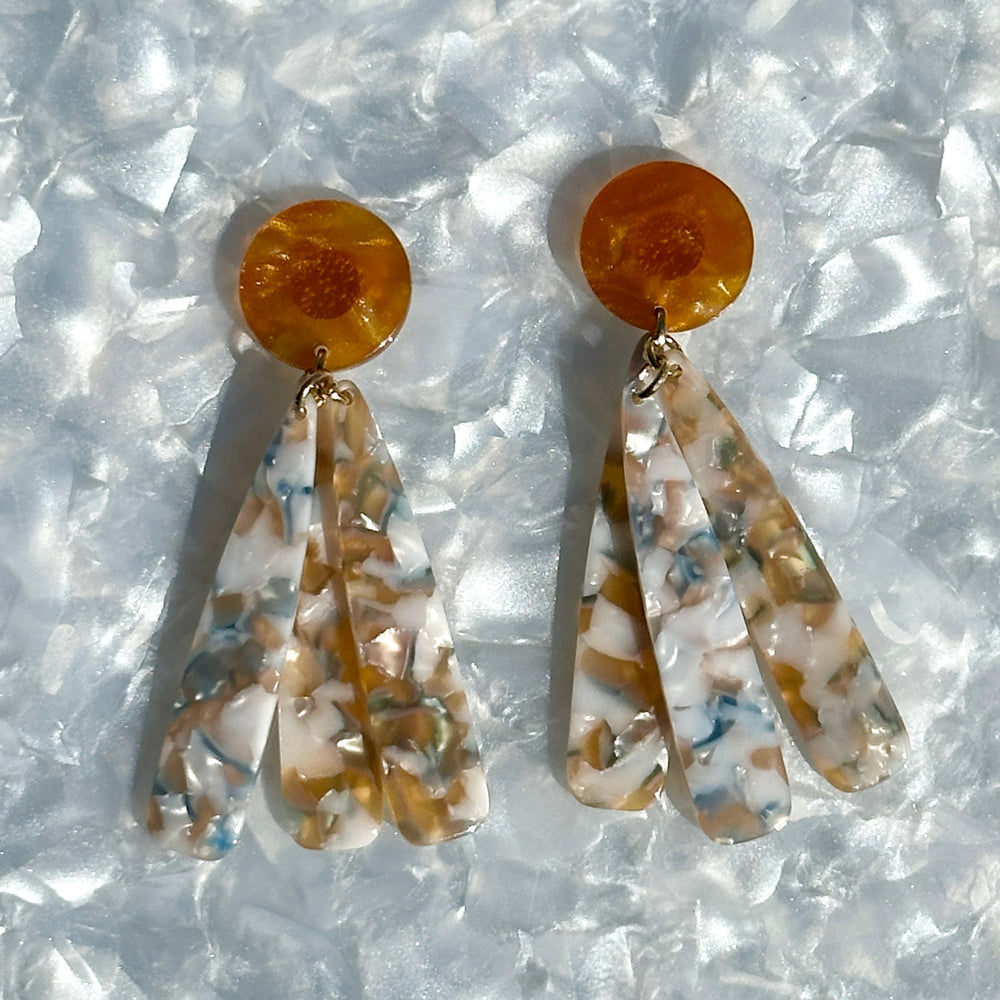 acrylic flower Petal Drop Earrings in orange, blue and white