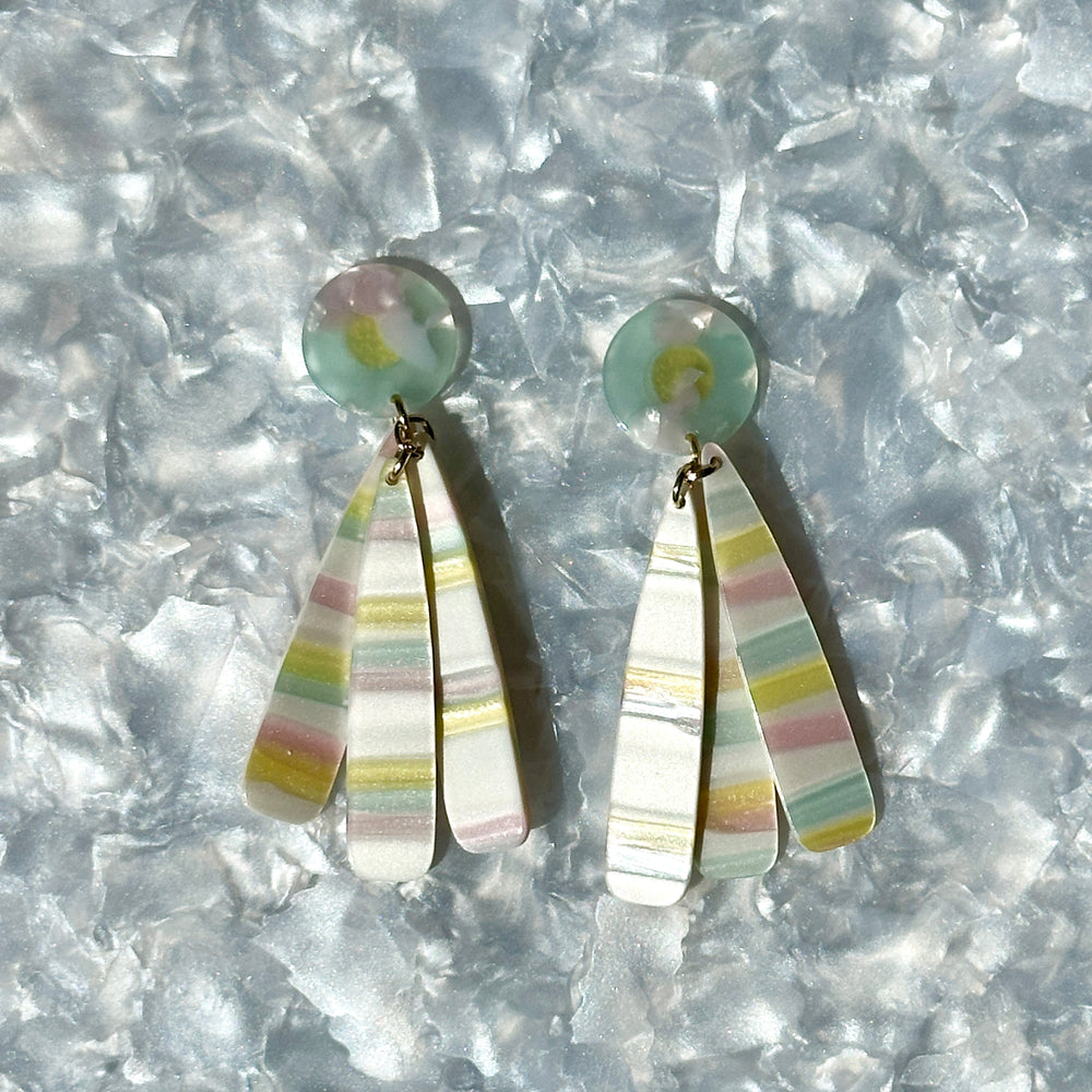 acrylic flower Petal Drop Earrings in pastel green, pink and yellow