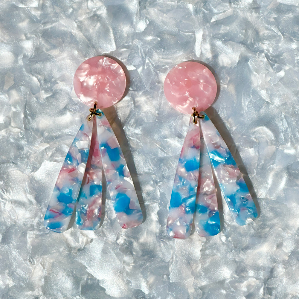 acrylic flower Petal Drop Earrings in pink, blue and white