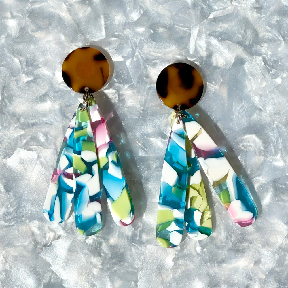 acrylic flower Petal Drop Earrings in pink, white, green and blue with tortoise