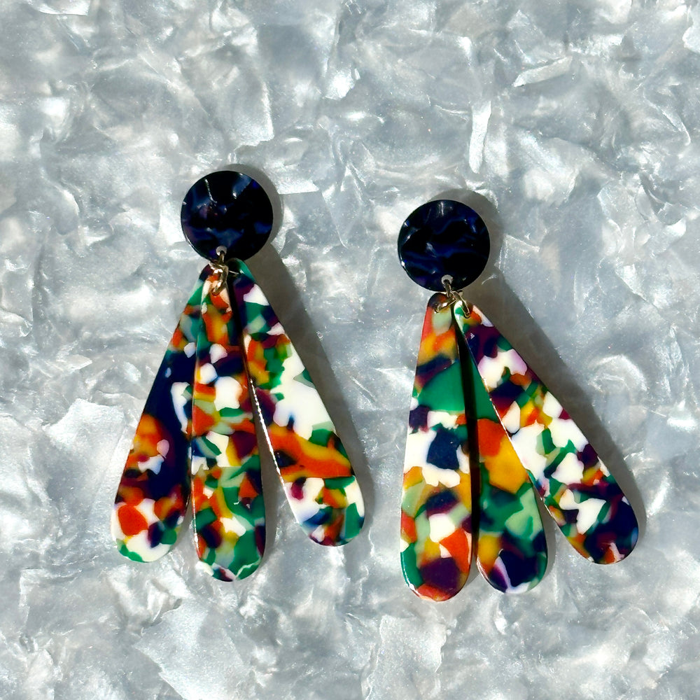 acrylic flower Petal Drop Earrings in red, white, yellow, blue and green