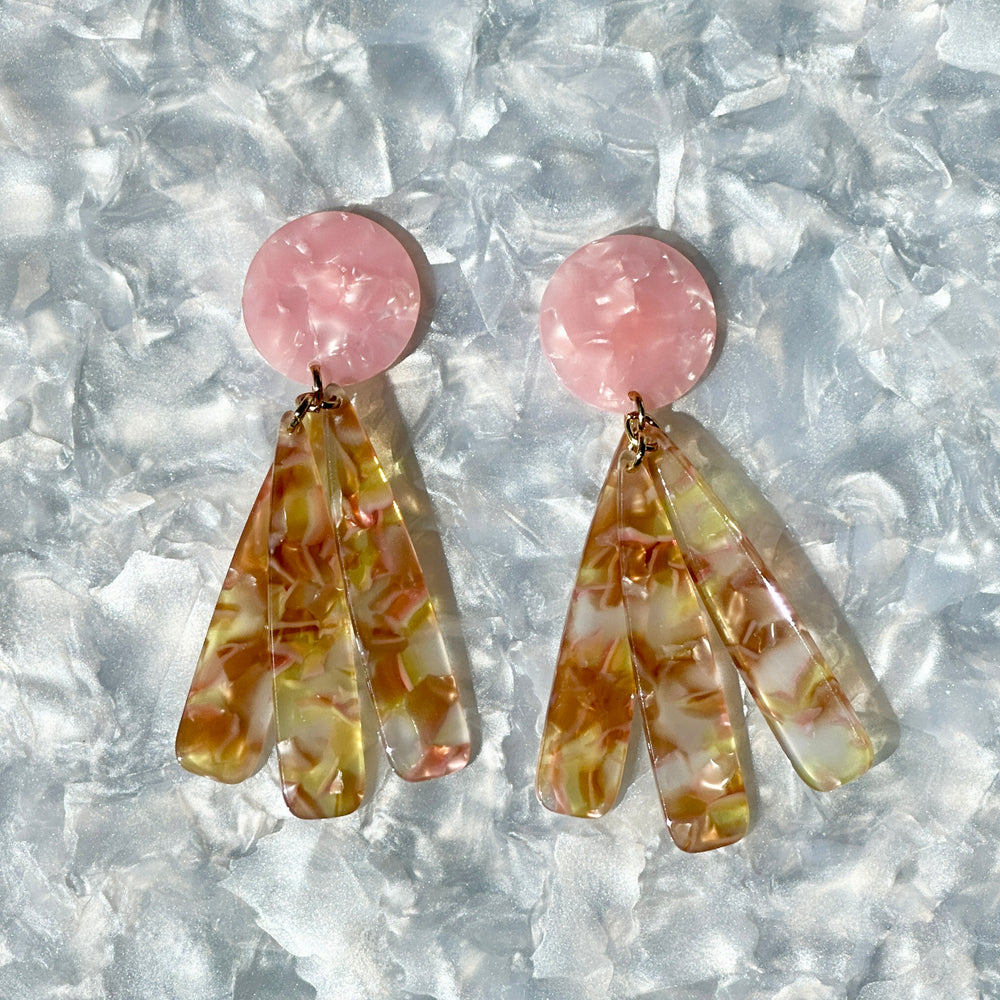 acrylic flower Petal Drop Earrings in yellow, pink and brown