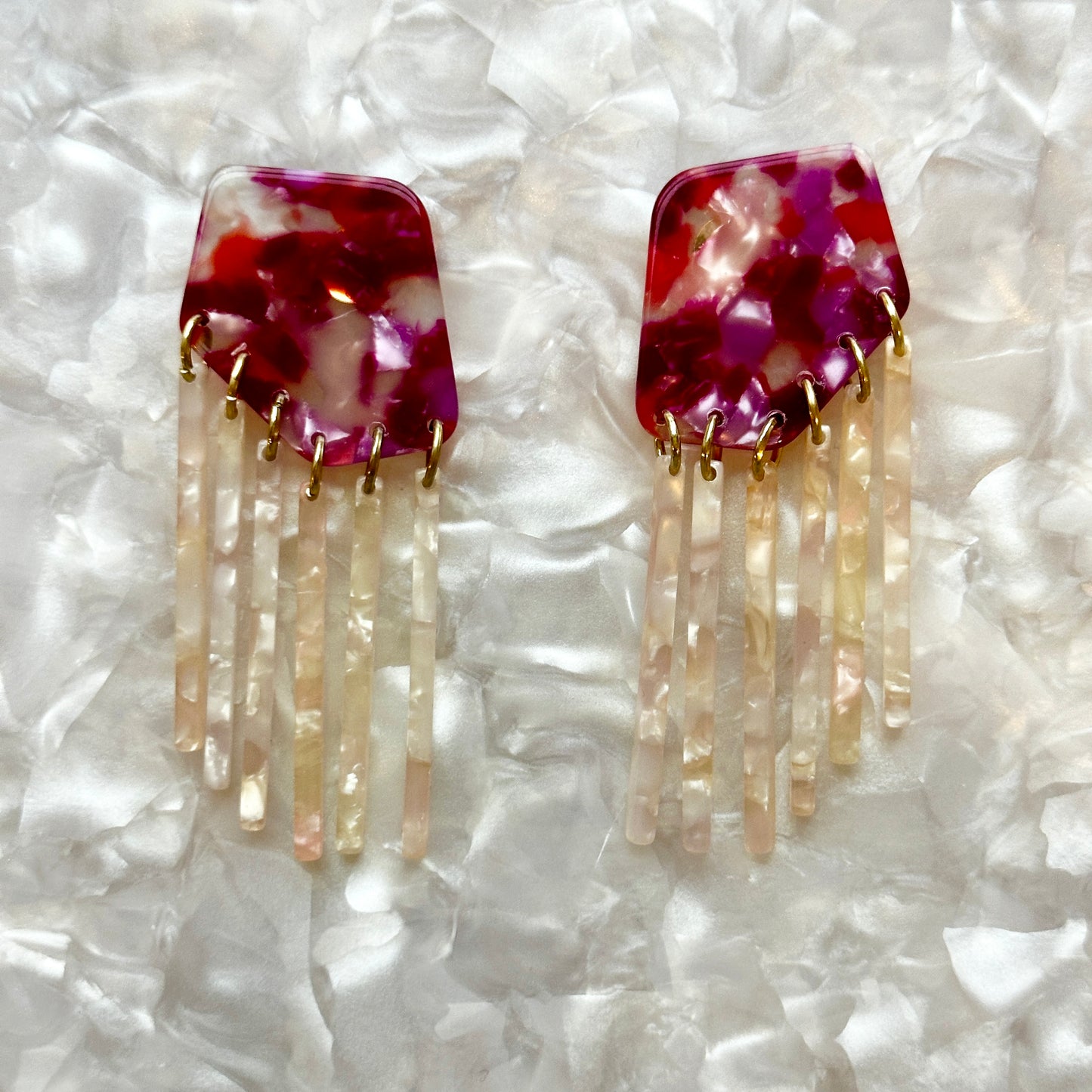 acrylic fringe earrings in red and pink