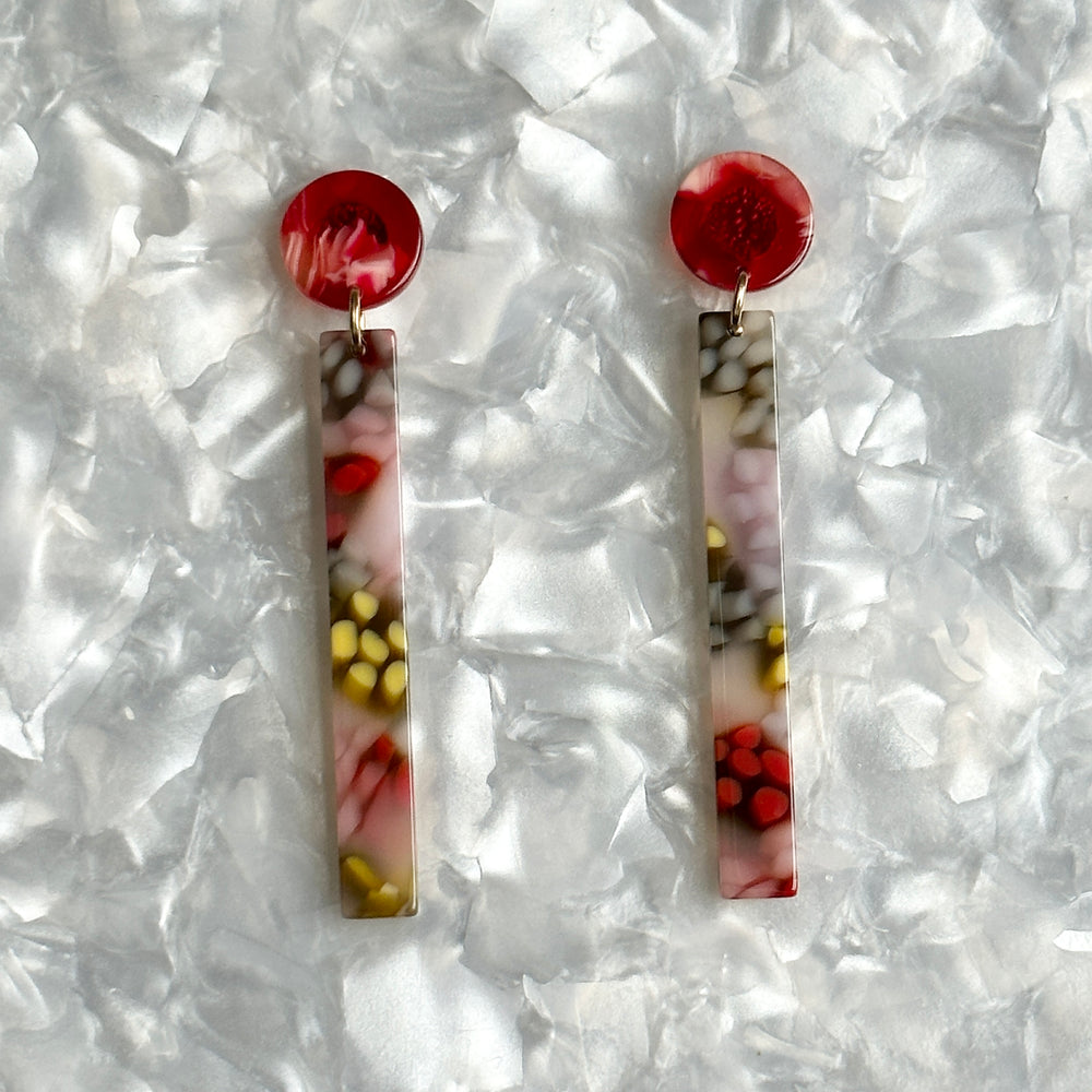 acrylic matchstick earrings in lilac, red and yellow