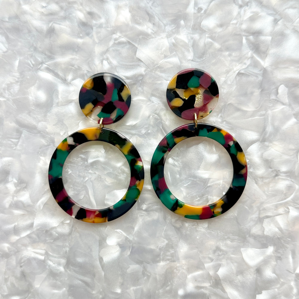 acrylic open circle drop earring in dark red, green, yellow, and Black 