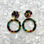 acrylic open circle drop earring in dark red, green, yellow, and Black 