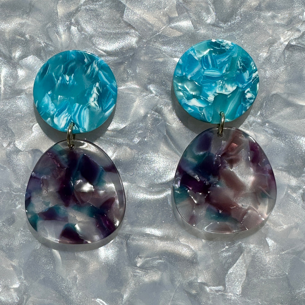 acrylic organic circle drop earring in purple and blue 