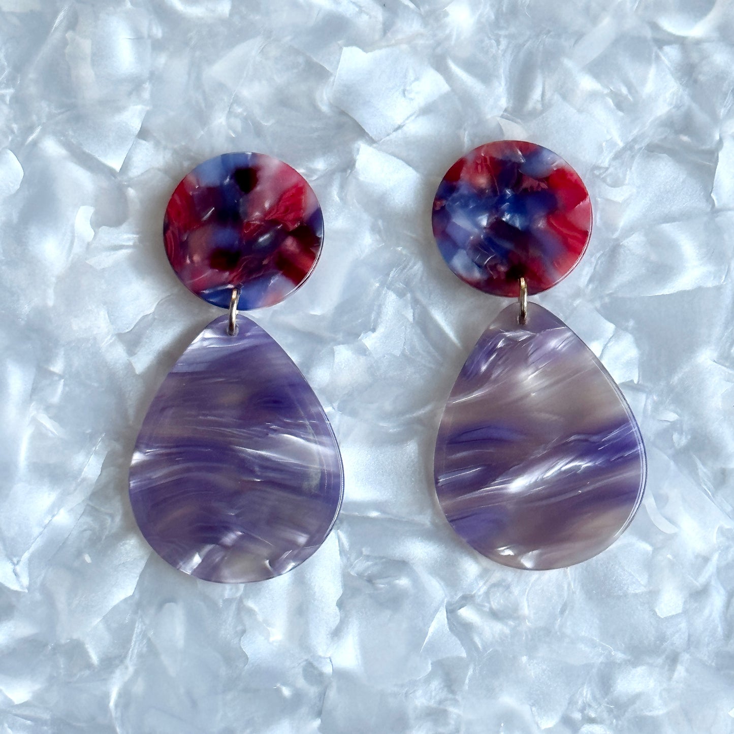 acrylic teardrop earrings in purple and red