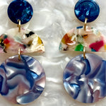 woman wearing a Acrylic Hemisphere drop earrings in blue and multicolor 