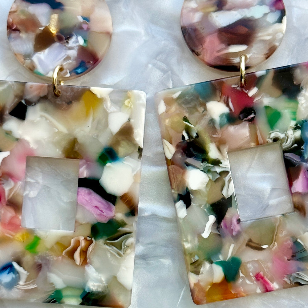 woman wearing Acrylic Square Drop Earrings in light Multicolor