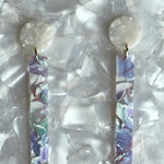 close up of acrylic Matchstick Drop Earrings in Pastel Me More purple, pink, mint green and white