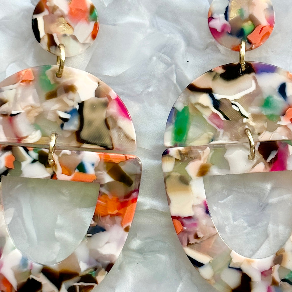 close up of acrylic Open Tab Drop Earrings in multicolor