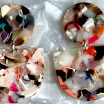 woman wearing acrylic Tab Drop Earrings in Light Multicolor