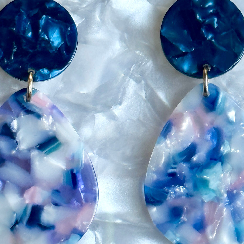 close up of acrylic Teardrop Earrings in Making Waves,  blue, pink, purple and white 