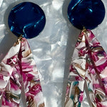 close up of acrylic flower Petal Drop Earrings in blue, pink and white