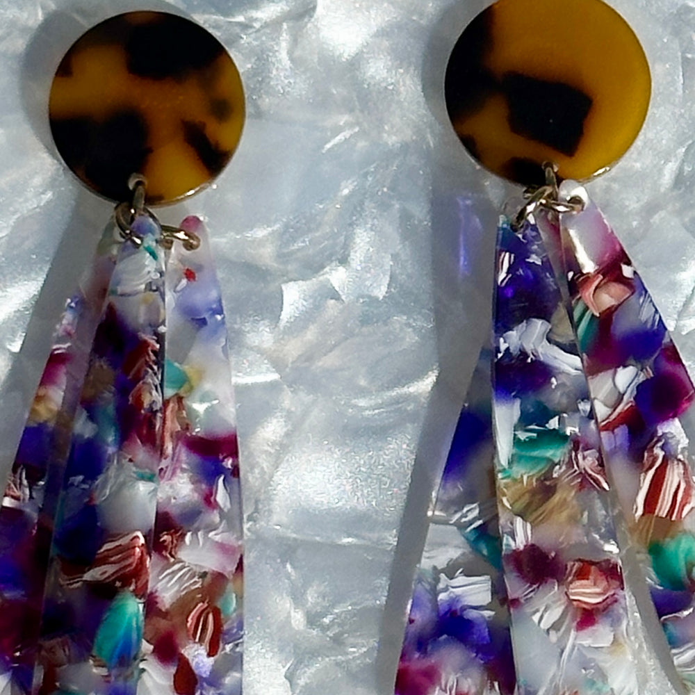 close up of acrylic flower Petal Drop Earrings in multicolor and tortoise