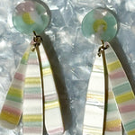 close up of acrylic flower Petal Drop Earrings in pastel green, pink and yellow