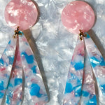 close up of acrylic flower Petal Drop Earrings in pink, blue and white