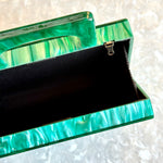 clutch purse with handle in green acrylic_interior