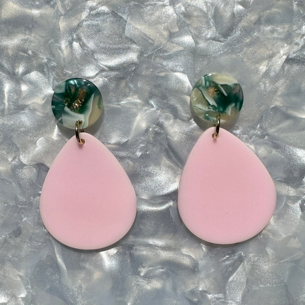 mini acrylic teardrop earring in pink and green and cream 