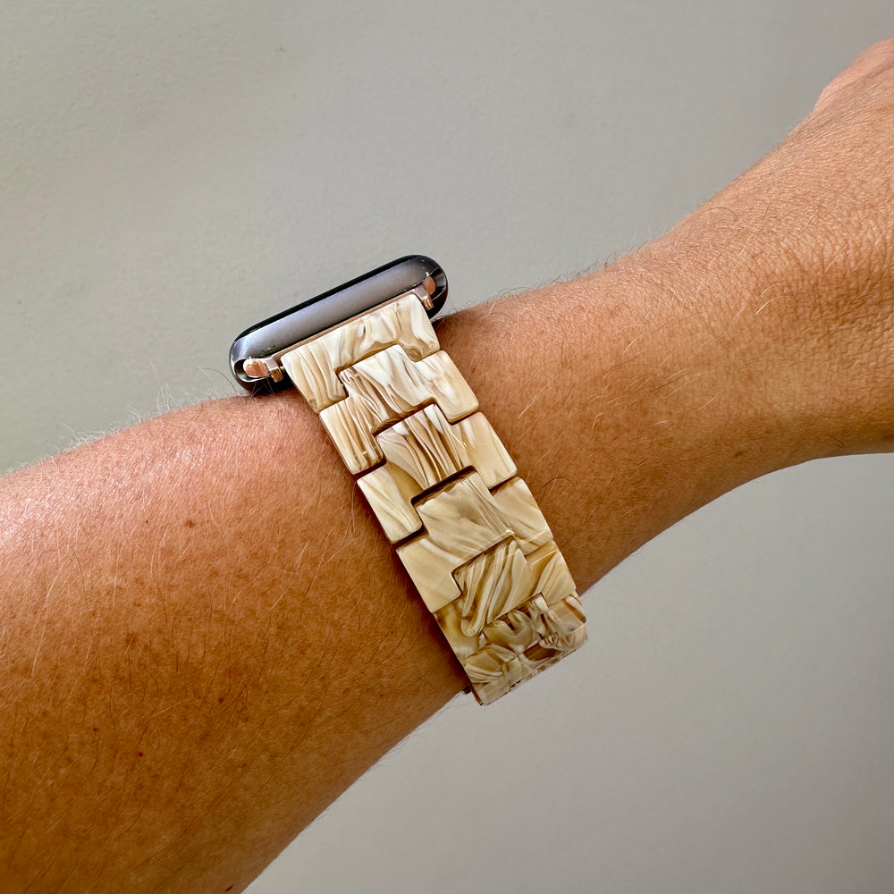 side view of woman wearing Acrylic Apple Watch Band in Champagne beige