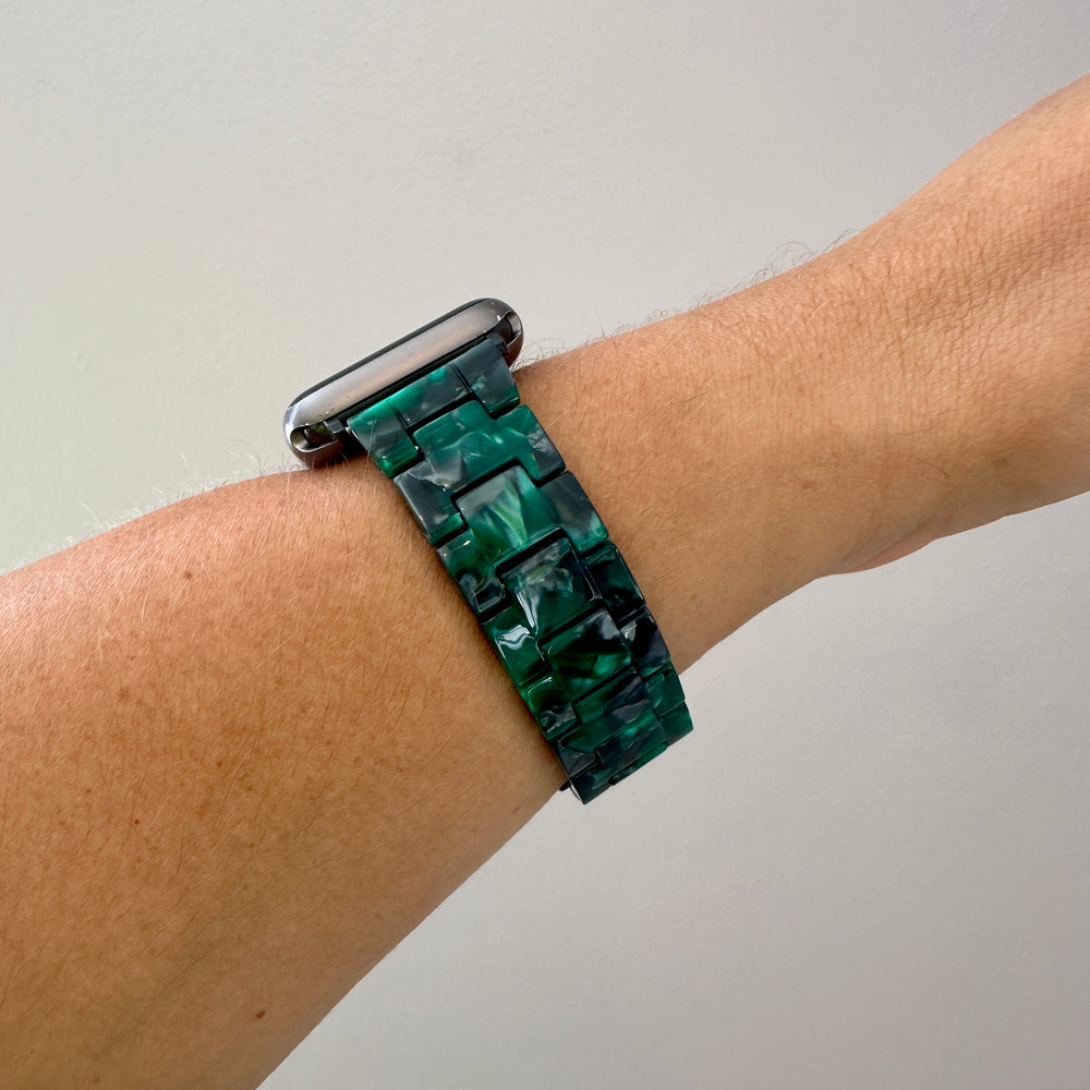 side view of woman wearing Acrylic Apple Watch Band in Emerald Green