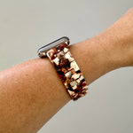 side view of woman wearing Apple Watch Band in Burnt Umber brown and white